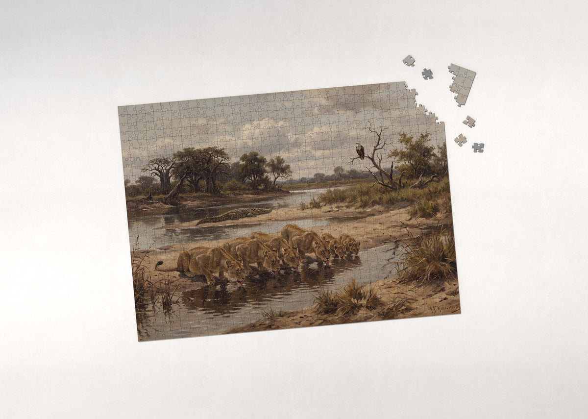 Lion Pride at the Riverbank jigsaw puzzle - puzzle with loose pieces