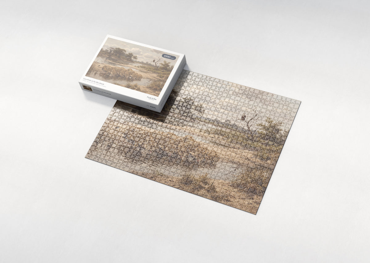 Lion Pride at the Riverbank jigsaw puzzle - box and puzzle