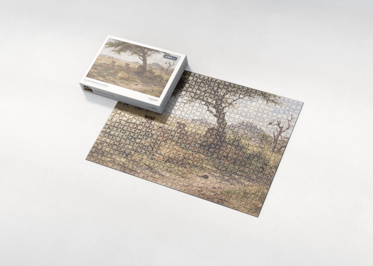 Lion Pride Resting in the Shade jigsaw puzzle - box and puzzle