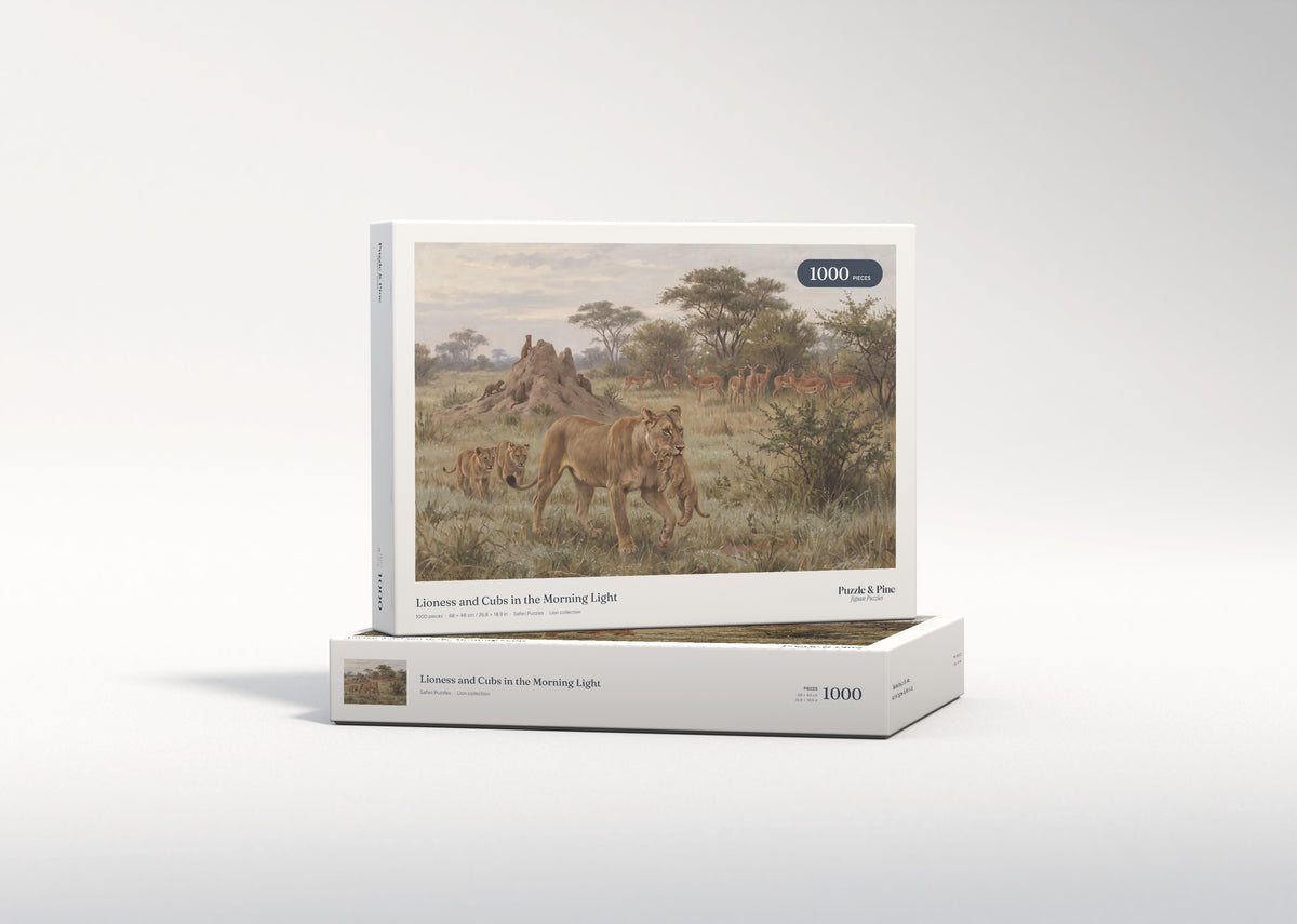 Lioness and Cubs in the Morning Light jigsaw puzzle - gift box