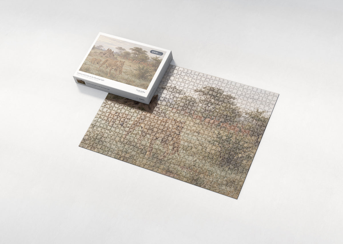 Lioness and Cubs in the Morning Light jigsaw puzzle - box and puzzle