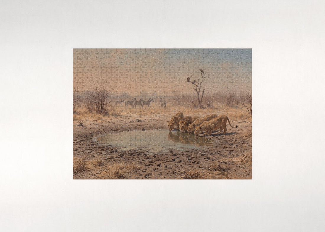 Lions Drinking at the Dry Season Pool jigsaw puzzle - gift box
