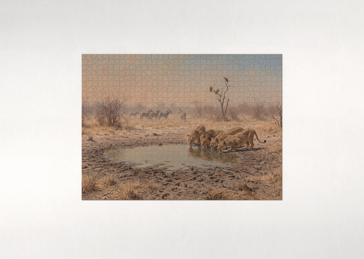 Lions Drinking at the Dry Season Pool jigsaw puzzle - flat puzzle