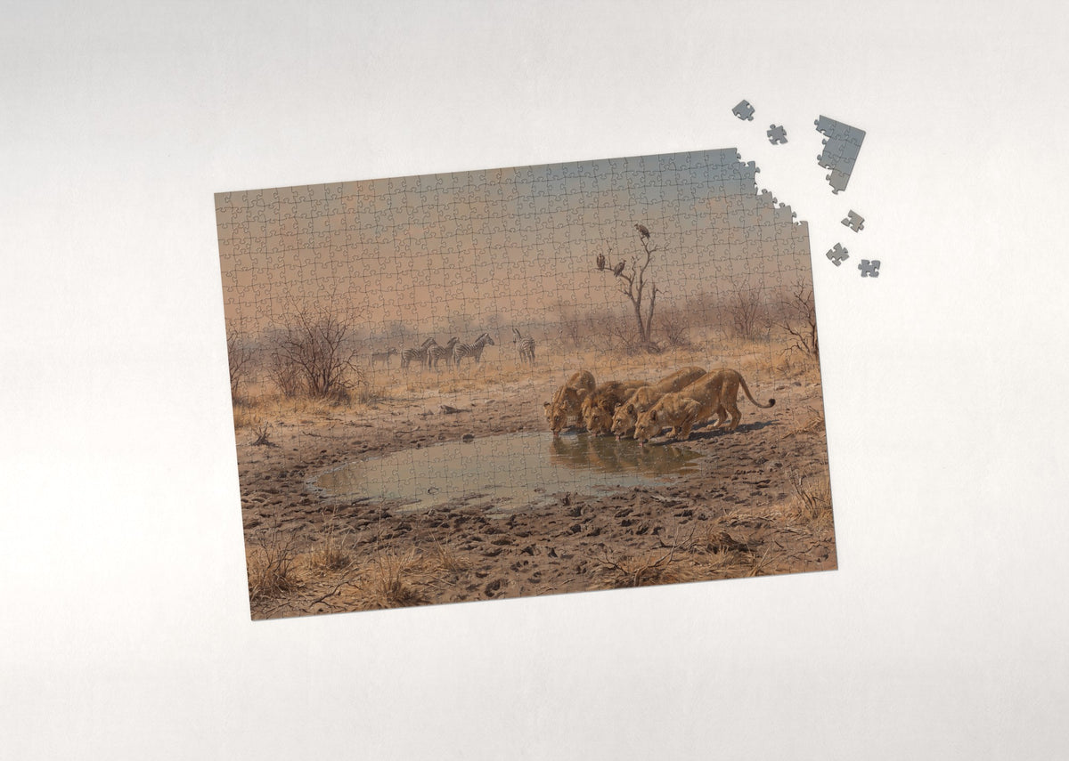 Lions Drinking at the Dry Season Pool jigsaw puzzle - puzzle with loose pieces