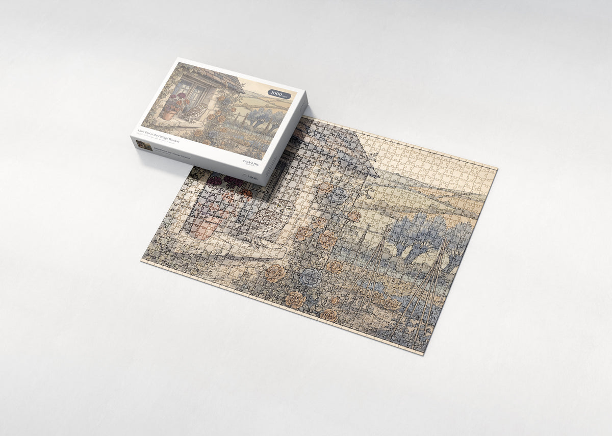 Little Owl at the Cottage Window jigsaw puzzle - box and puzzle