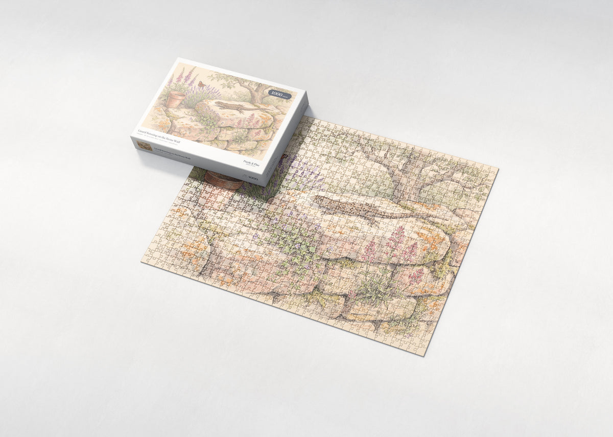 Lizard Sunning on the Stone Wall jigsaw puzzle - box and puzzle