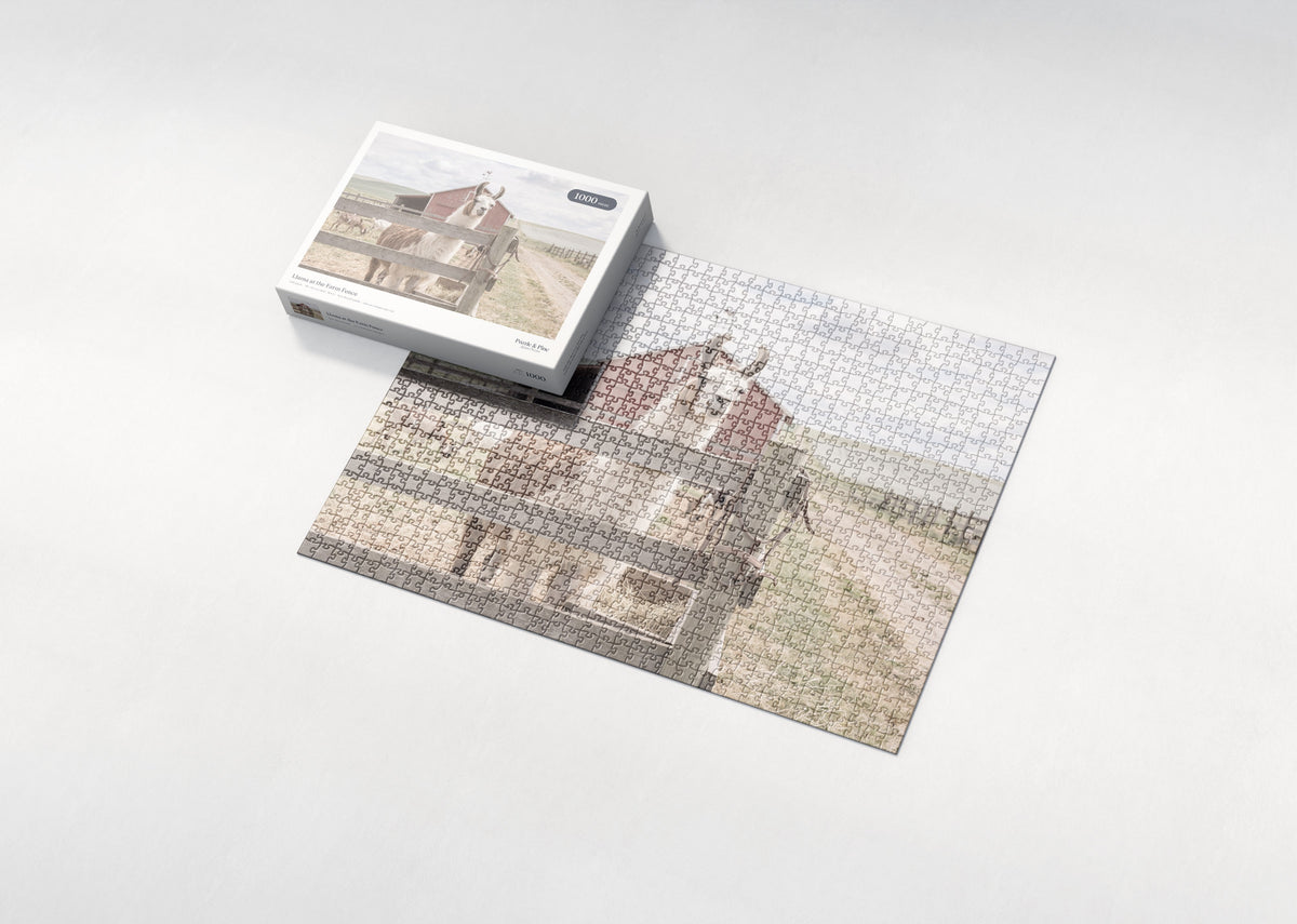 Llama at the Farm Fence jigsaw puzzle - box and puzzle