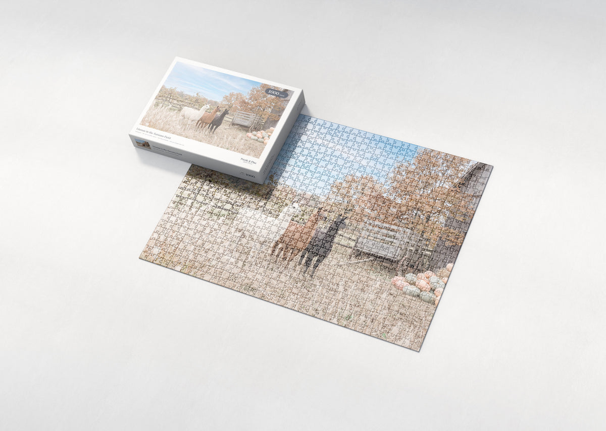 Llamas in the Autumn Field jigsaw puzzle - box and puzzle