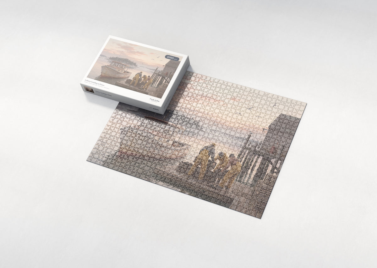 Lobster Landing at Dawn jigsaw puzzle - box and puzzle