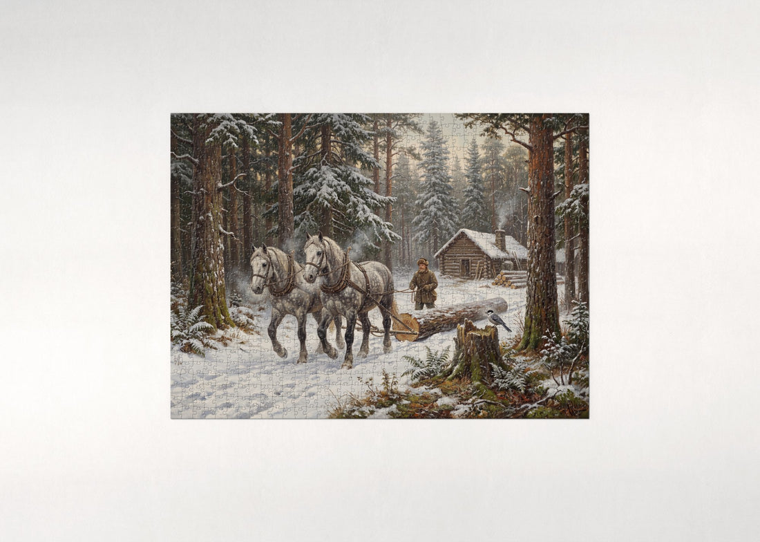 Logging Horses in the Winter Forest jigsaw puzzle - gift box