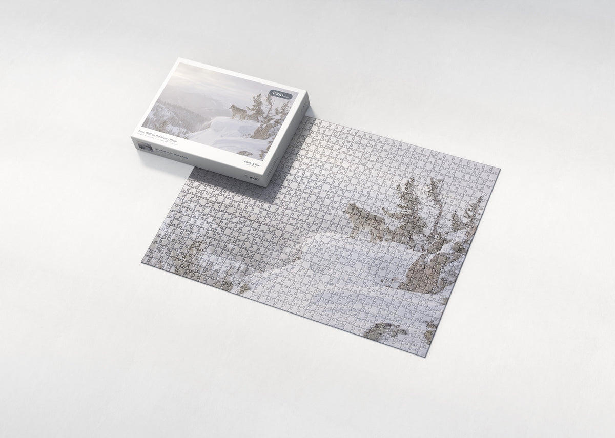 Lone Wolf on the Snowy Ridge jigsaw puzzle - box and puzzle