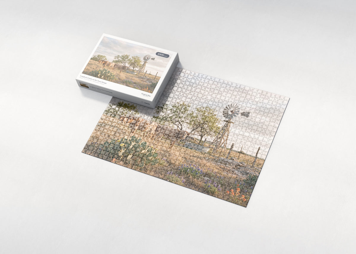 Longhorn Cattle on the Texas Range jigsaw puzzle - box and puzzle