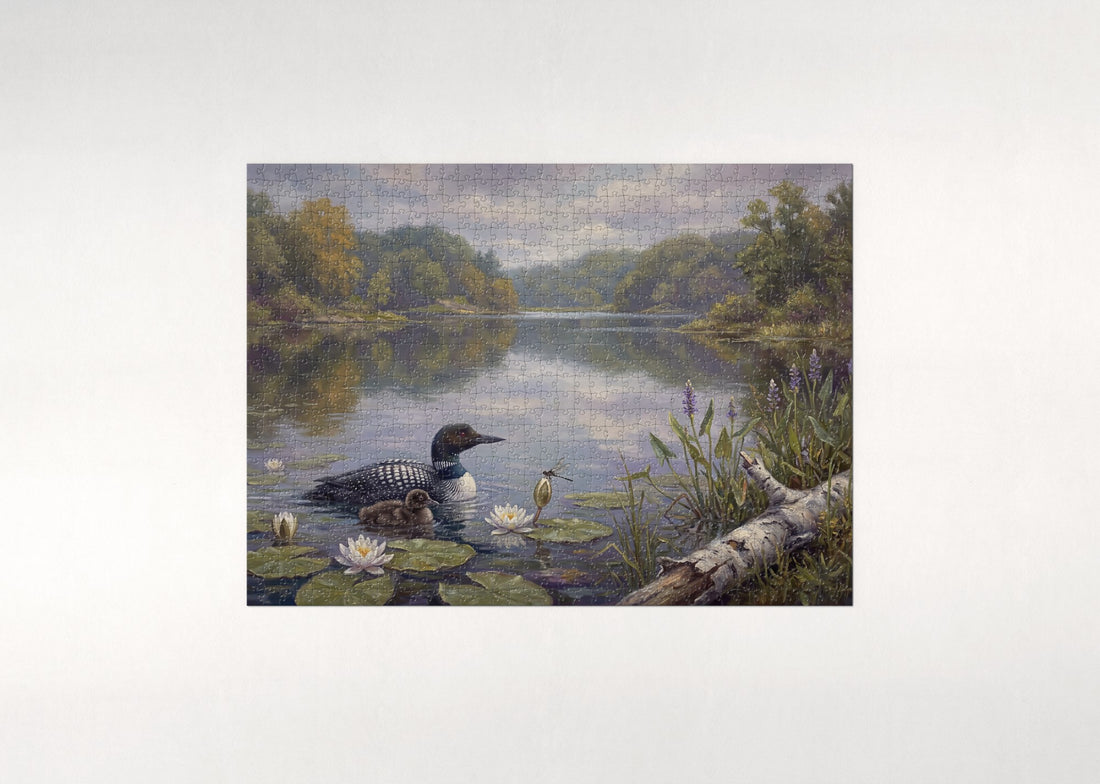 Loon and Chick Among the Lily Pads jigsaw puzzle - gift box