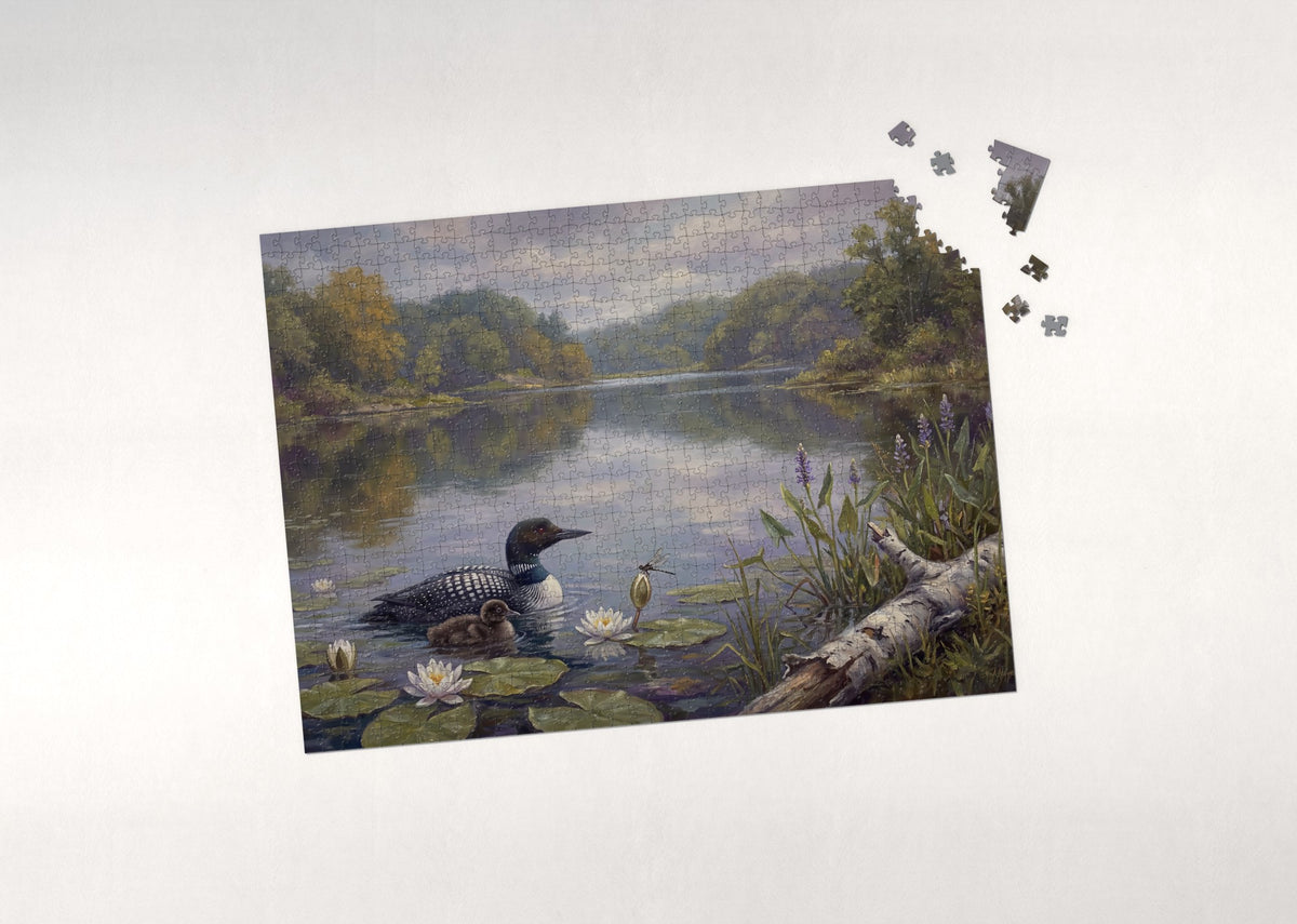 Loon and Chick Among the Lily Pads jigsaw puzzle - puzzle with loose pieces