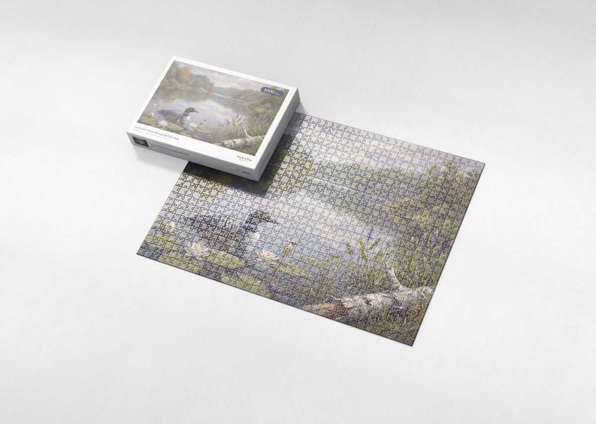 Loon and Chick Among the Lily Pads jigsaw puzzle - box and puzzle