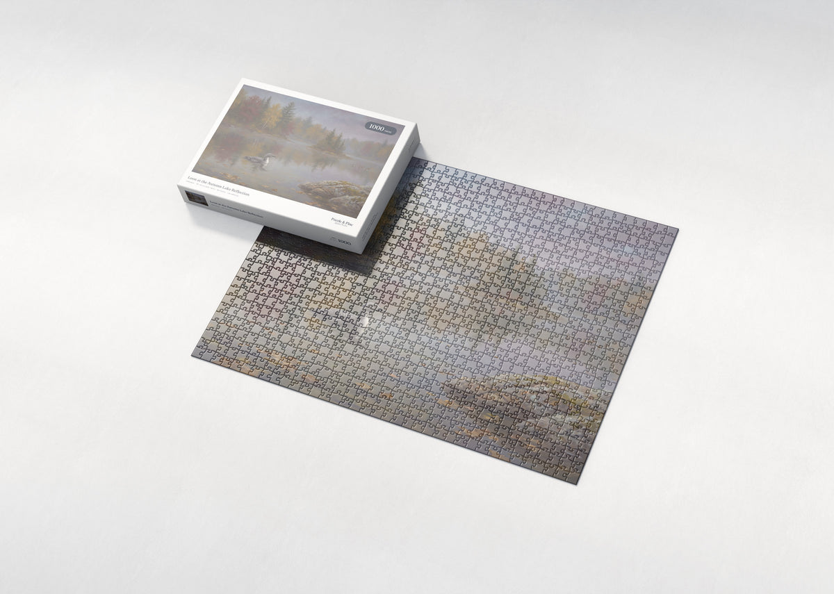 Loon at the Autumn Lake Reflection jigsaw puzzle - box and puzzle