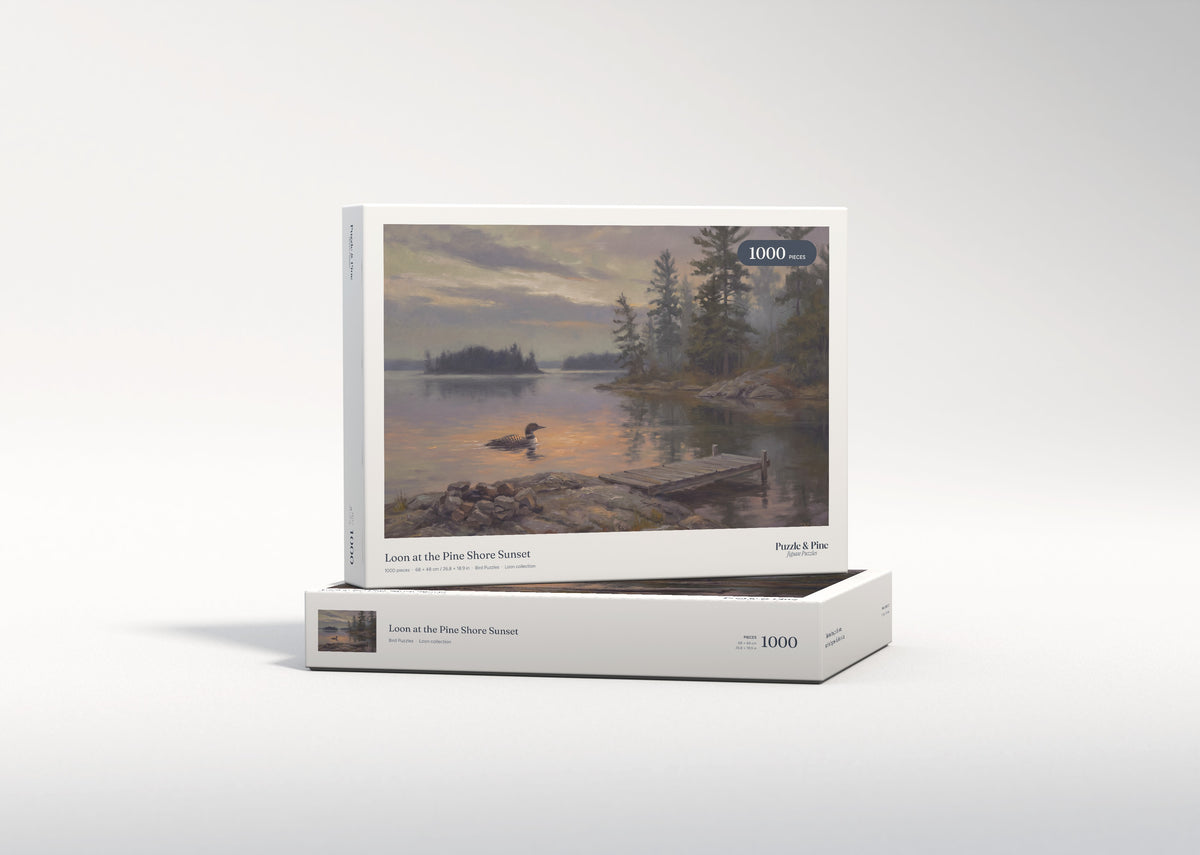 Loon at the Pine Shore Sunset jigsaw puzzle - gift box