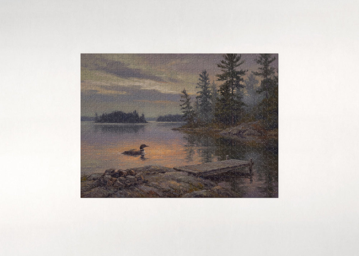 Loon at the Pine Shore Sunset jigsaw puzzle - flat puzzle