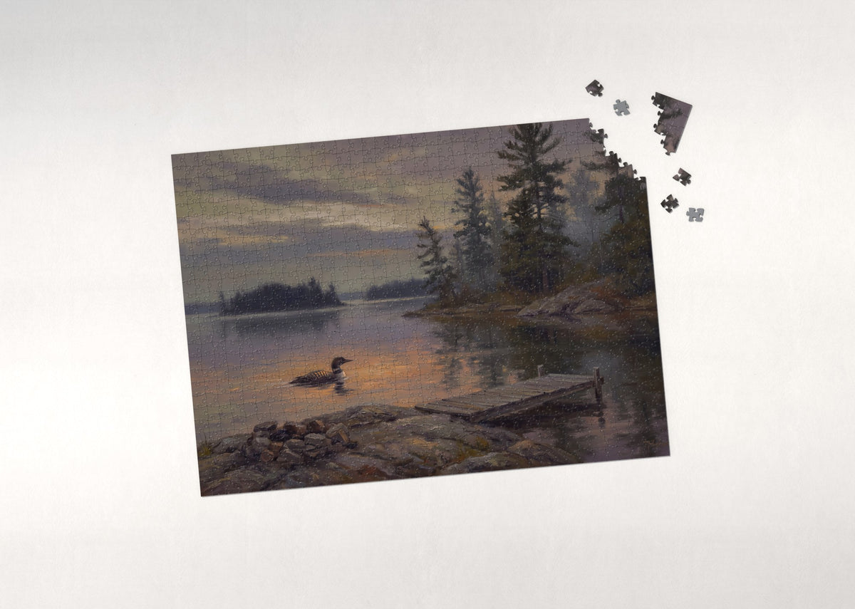 Loon at the Pine Shore Sunset jigsaw puzzle - puzzle with loose pieces