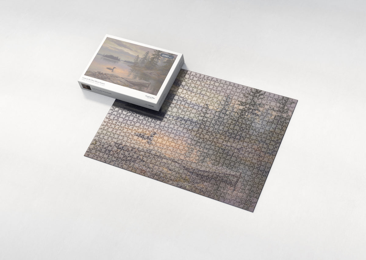 Loon at the Pine Shore Sunset jigsaw puzzle - box and puzzle