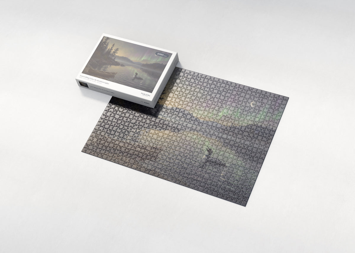 Loon Calling Under the Northern Lights jigsaw puzzle - box and puzzle