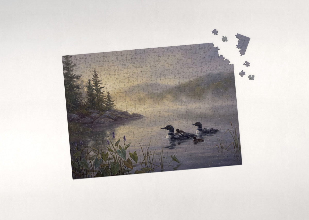 Loon Family on the Misty Water jigsaw puzzle - puzzle with loose pieces