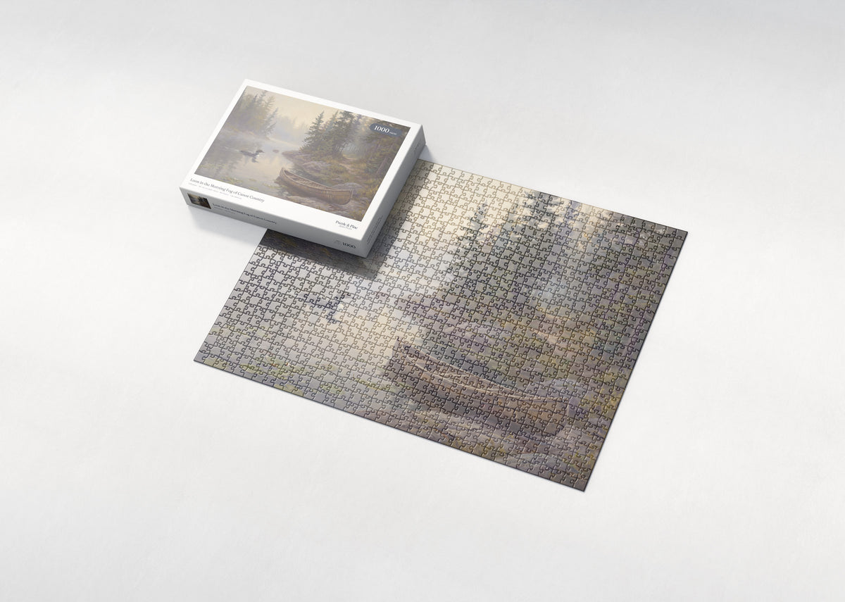 Loon in the Morning Fog of Canoe Country jigsaw puzzle - box and puzzle