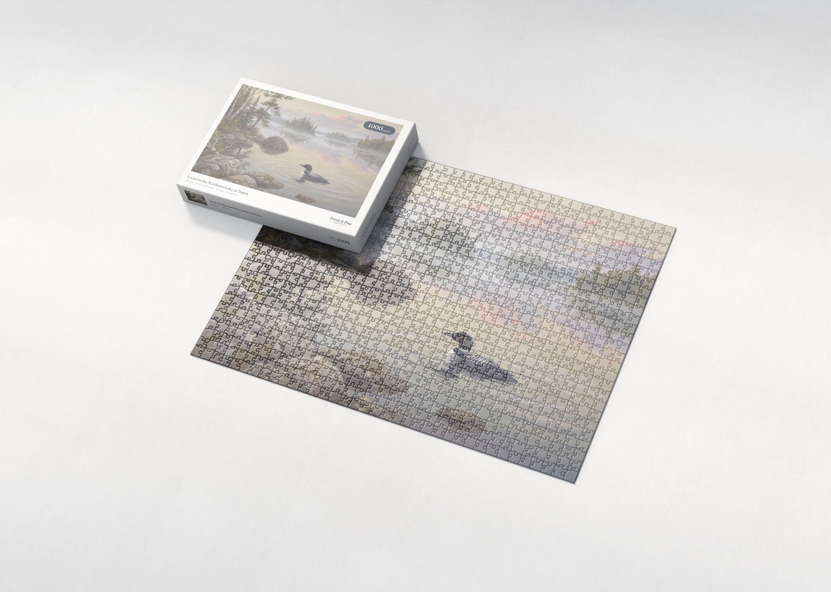 Loon on the Northern Lake at Dawn jigsaw puzzle - box and puzzle