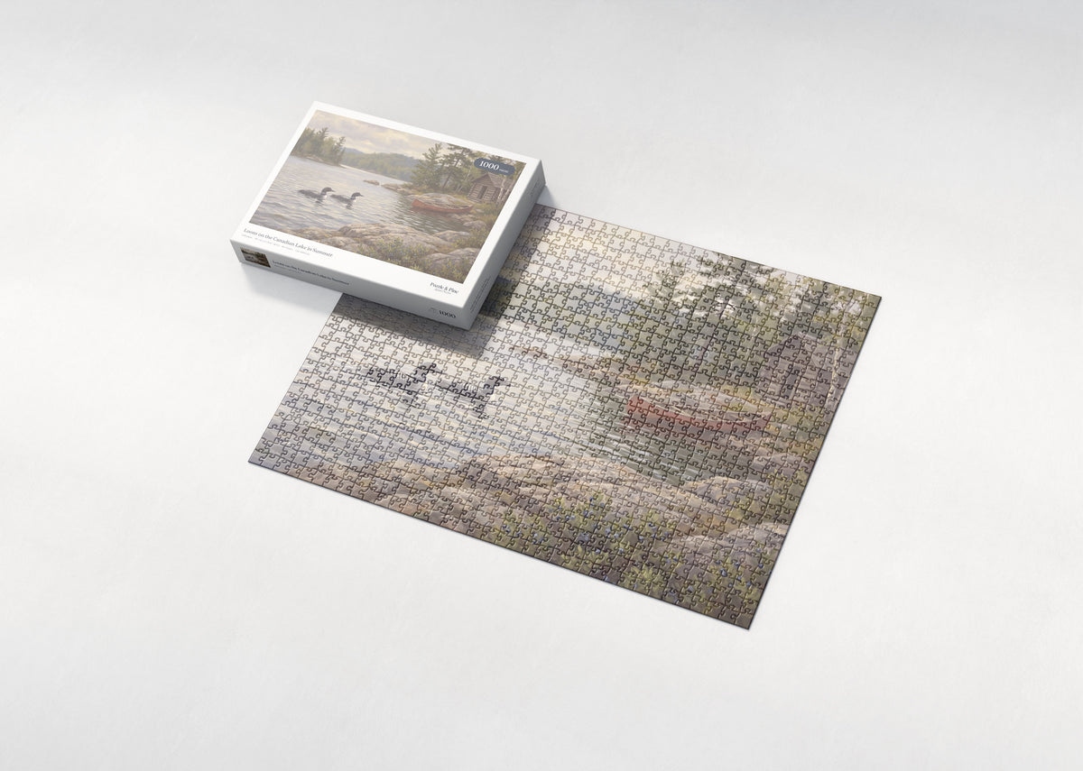 Loons on the Canadian Lake in Summer jigsaw puzzle - box and puzzle