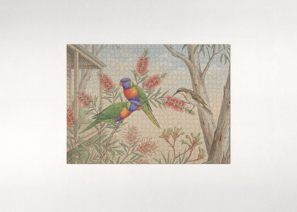 Lorikeets at the Flowering Bottlebrush jigsaw puzzle - flat puzzle