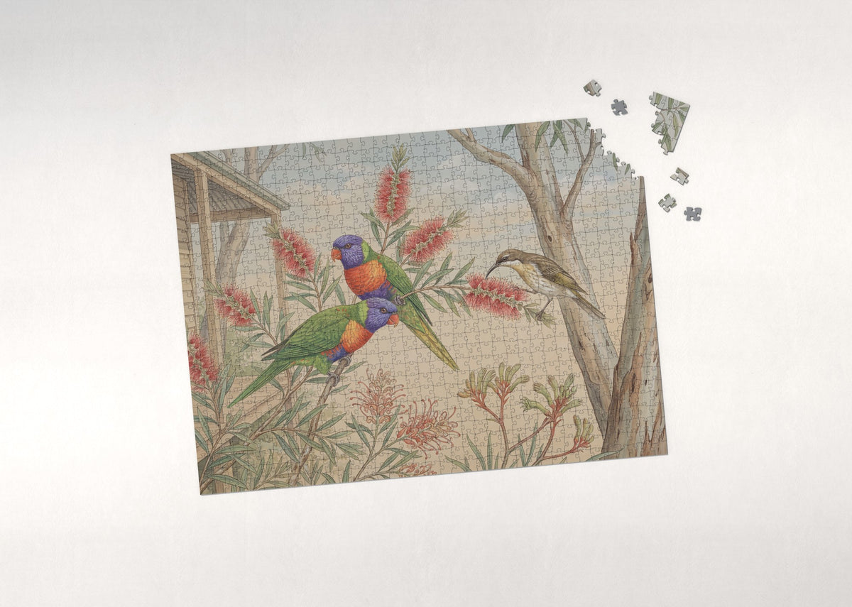 Lorikeets at the Flowering Bottlebrush jigsaw puzzle - puzzle with loose pieces