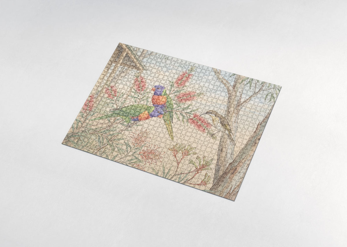 Lorikeets at the Flowering Bottlebrush jigsaw puzzle - assembled puzzle