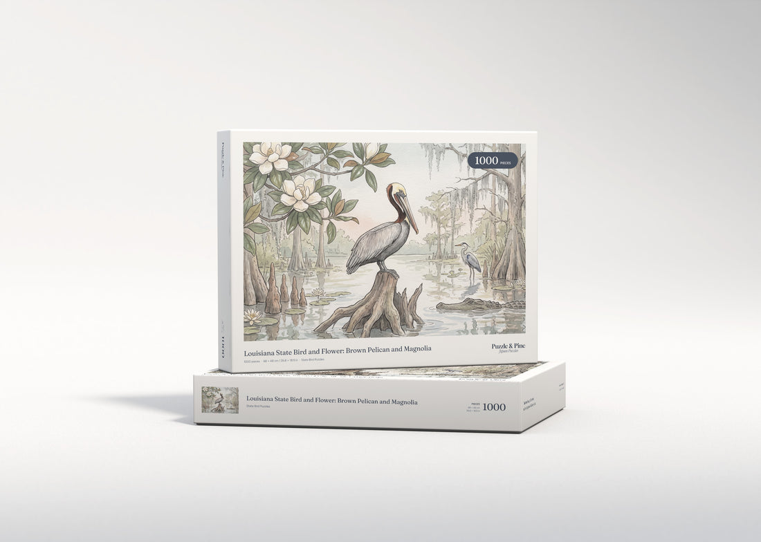 Louisiana State Bird and Flower: Brown Pelican and Magnolia jigsaw puzzle - gift box