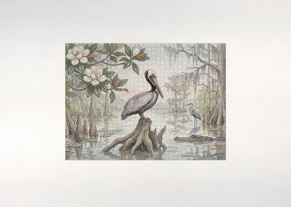 Louisiana State Bird and Flower: Brown Pelican and Magnolia jigsaw puzzle - gift box