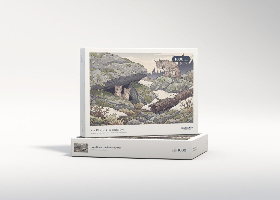 Lynx Kittens at the Rocky Den jigsaw puzzle - gift box