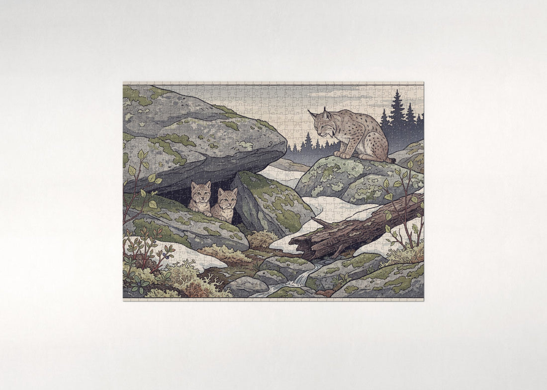 Lynx Kittens at the Rocky Den jigsaw puzzle - gift box