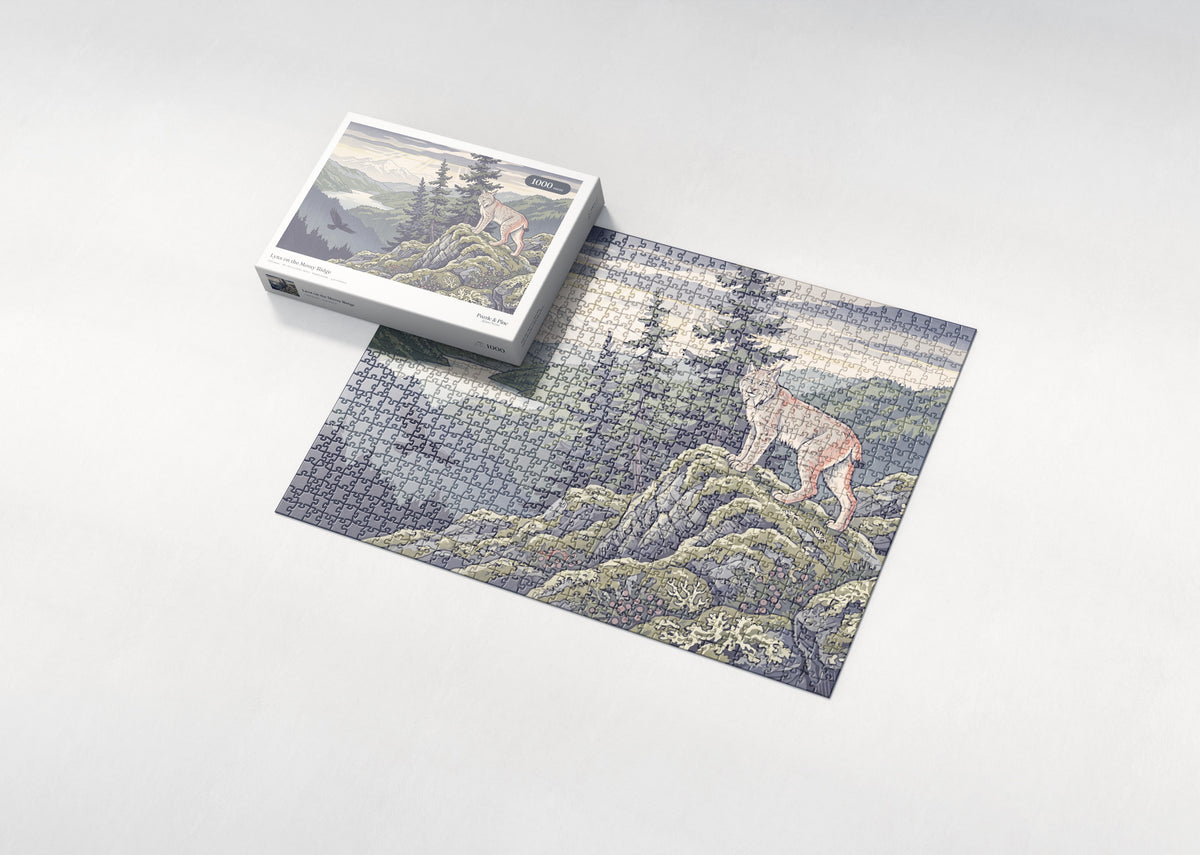 Lynx on the Mossy Ridge jigsaw puzzle - box and puzzle
