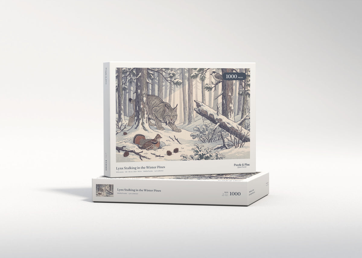 Lynx Stalking in the Winter Pines jigsaw puzzle - gift box