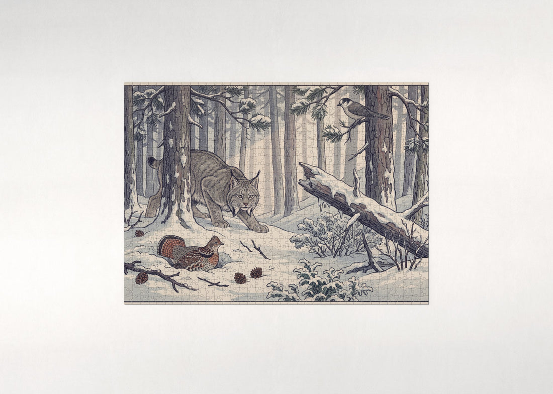Lynx Stalking in the Winter Pines jigsaw puzzle - gift box