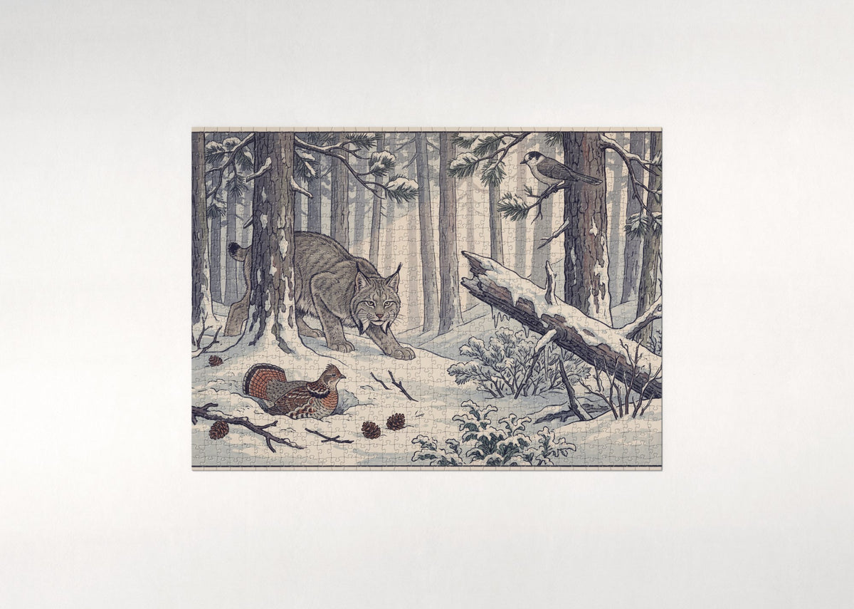 Lynx Stalking in the Winter Pines jigsaw puzzle - flat puzzle