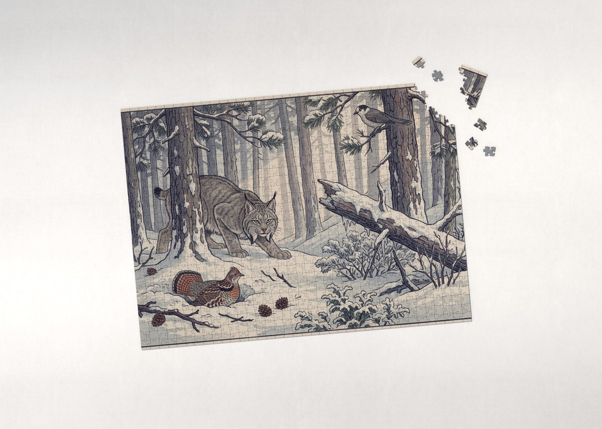 Lynx Stalking in the Winter Pines jigsaw puzzle - puzzle with loose pieces