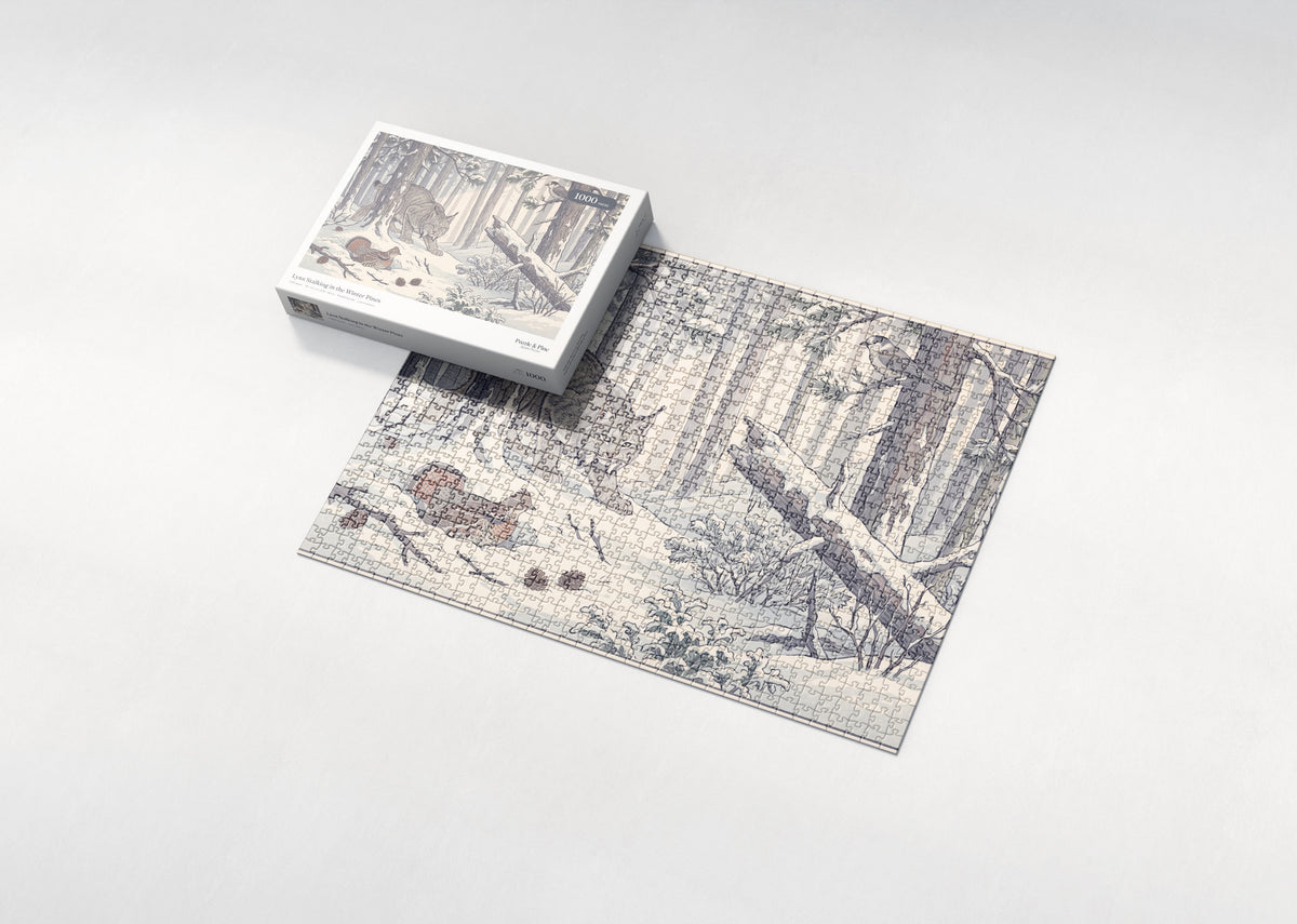Lynx Stalking in the Winter Pines jigsaw puzzle - box and puzzle