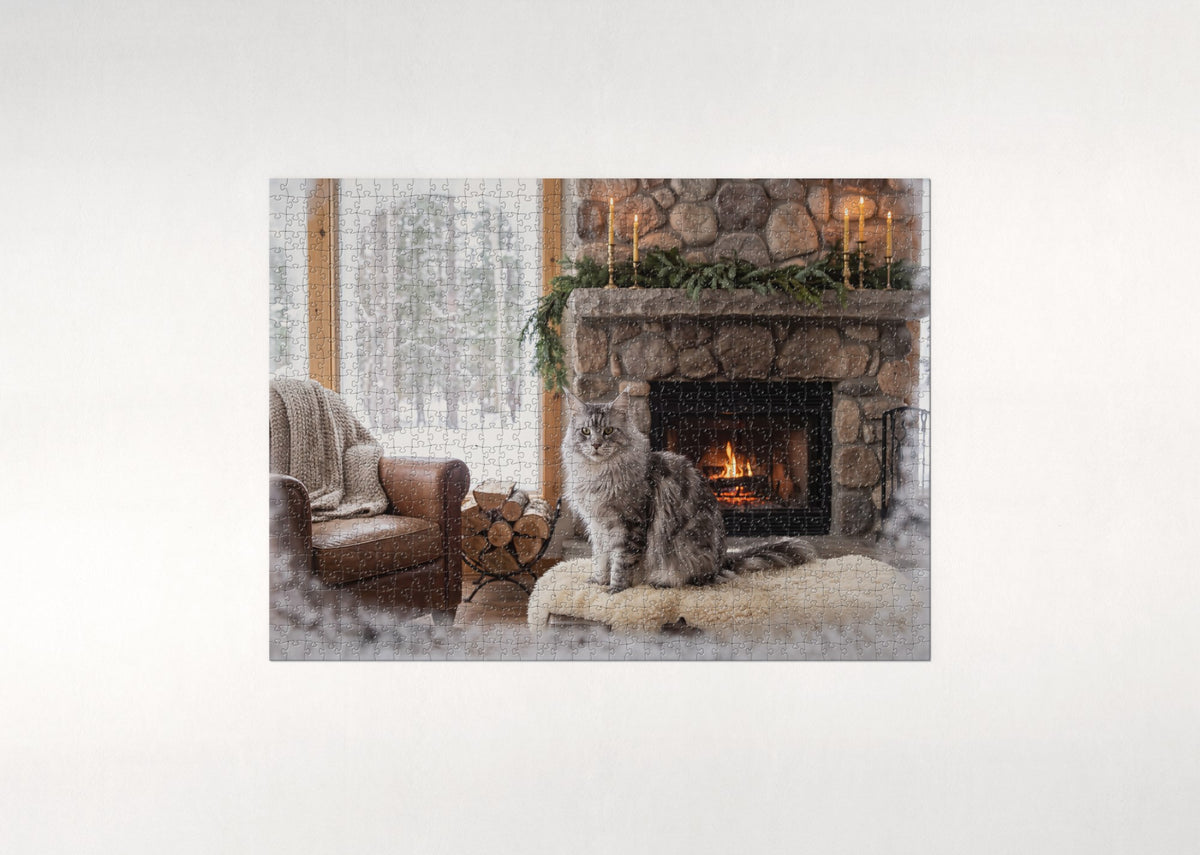 Maine Coon By the Stone Fireplace jigsaw puzzle - flat puzzle