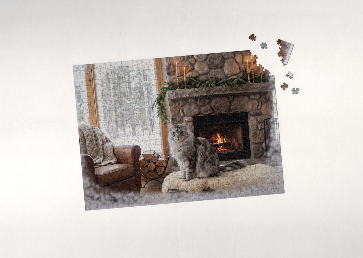 Maine Coon By the Stone Fireplace jigsaw puzzle - puzzle with loose pieces