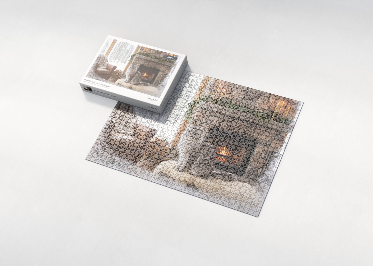 Maine Coon By the Stone Fireplace jigsaw puzzle - box and puzzle