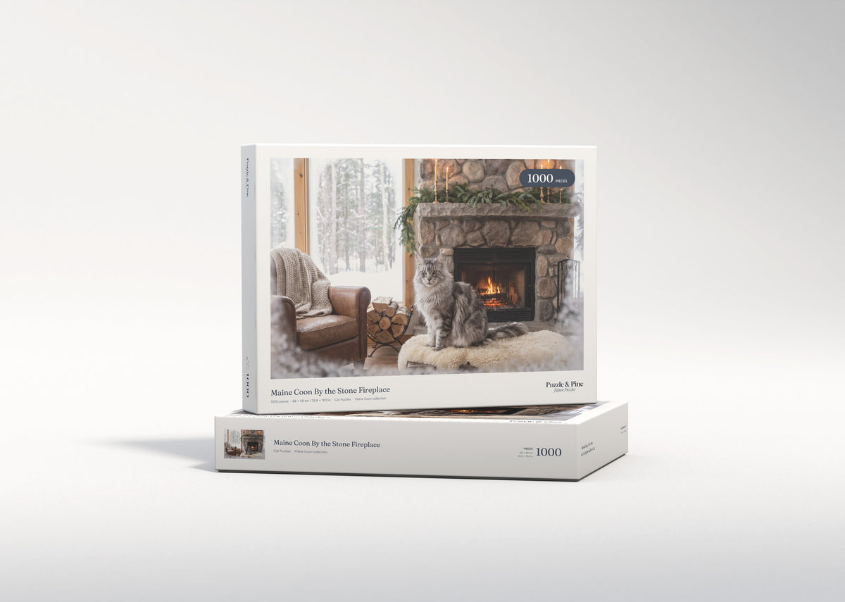 Maine Coon By the Stone Fireplace jigsaw puzzle - gift box
