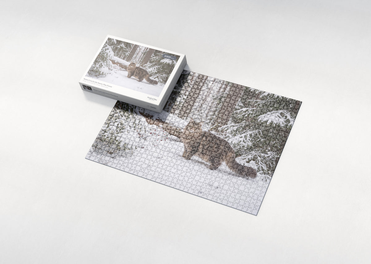 Maine Coon In the Snowy Pine Forest jigsaw puzzle - box and puzzle