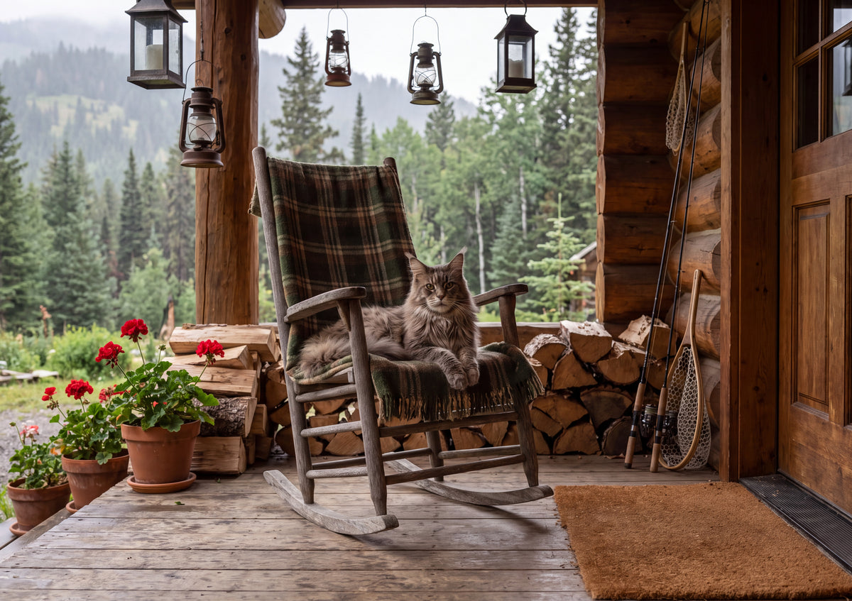 Maine Coon On the Log Cabin Porch jigsaw puzzle