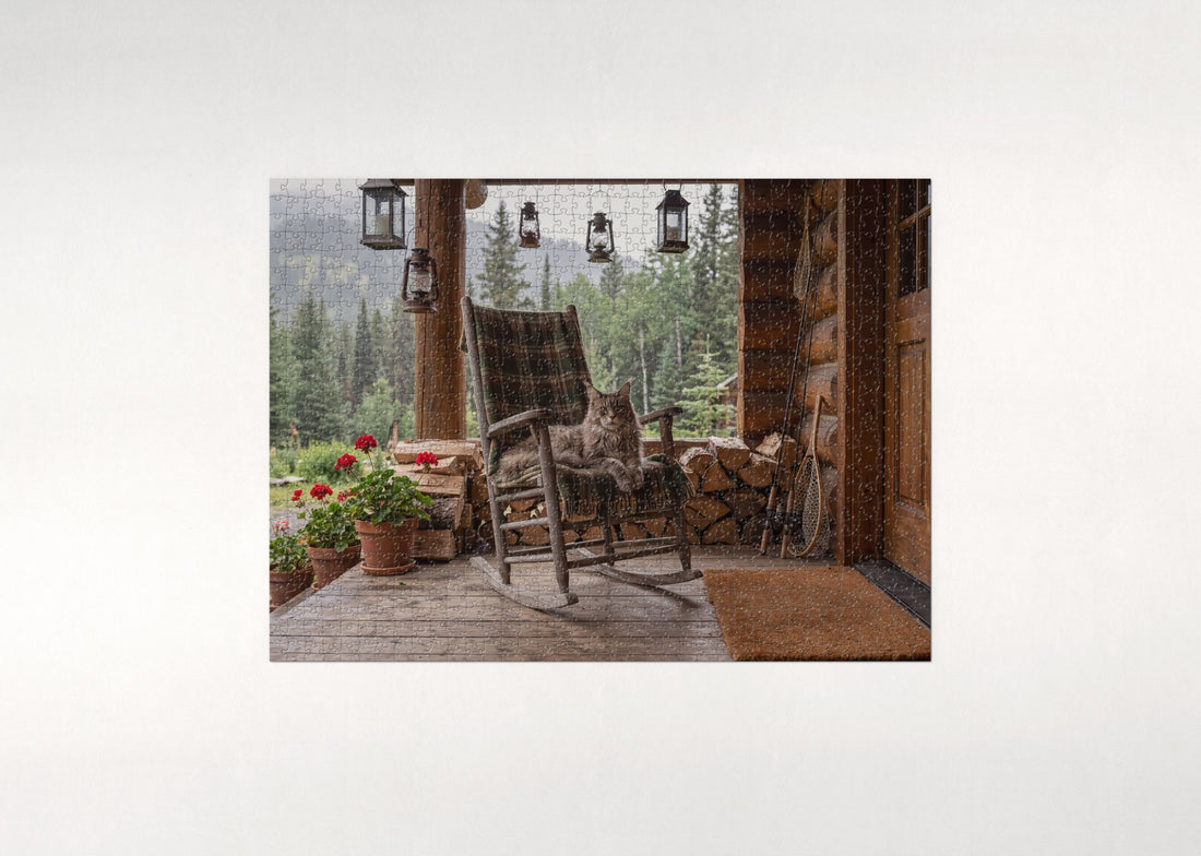 Maine Coon On the Log Cabin Porch jigsaw puzzle - gift box