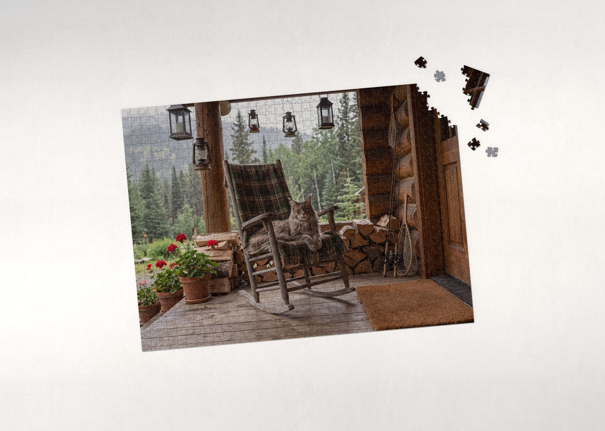 Maine Coon On the Log Cabin Porch jigsaw puzzle - puzzle with loose pieces